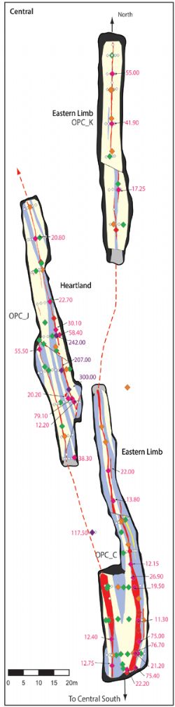 Figure 2 Old Pirate Central North test pit geology map and last bench grade control data.