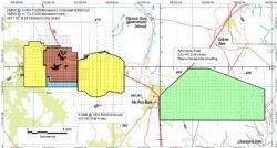 Map of the combined Barrow Creek 1 (western three polygons), Arganara (central yellow polygon) JORC 2004 resources and Ammaroo East (eastern green polygon).