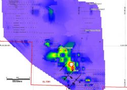 Figure 2. Lead in soil geochemistry at the Havilah project. Previous drilling is shown with stars.