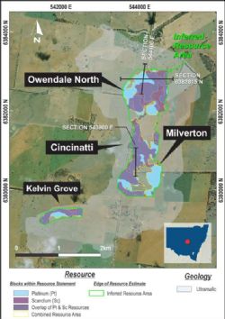 Figure 1. Owendale platinum and scandium resource areas - location of PQ core holes