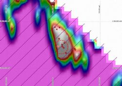 Figure 2: Late time, Z component VTEM image over the Achaye prospect near Havilah.