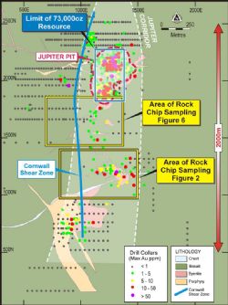 Figure 1: Plan showing the locations of surface rock-chip sampling within the 2km Jupiter Corridor.