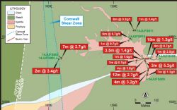 Figure 2: Plan showing the location and results of surface rock-chip traverses