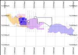 Figure 3. Ammaroo Phosphate Resource area showing drill holes and cultural exclusion zones as black polygons.