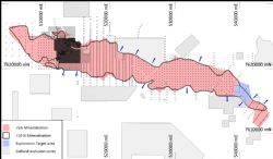Figure 1. Mineralised domains, drill holes and cultural exclusion zones.