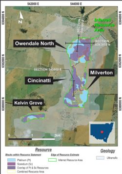 Figure 1. Owendale platinum and scandium resource areas - location of PQ core holes