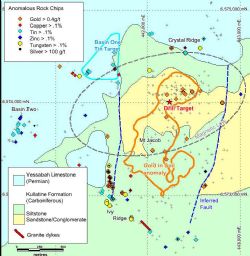 Figure 1: Rock Chip anomalies in the Mt Jacob area.