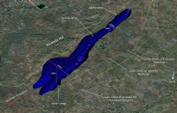 Figure 2. Conceptual open pit design by Optiro for a 30 year mine life. The pit is approximately 3kms long and averaging 200m wide and 60m deep