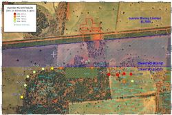 Figure 2: Syerston 2014 completed holes (large dots) and historic Ivanplats holes (light blue dots).