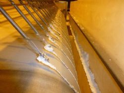 Lithium carbonate product on belt filter prior to the dryer.