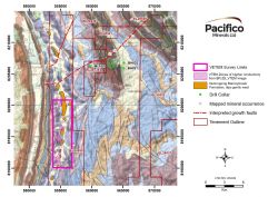 Figure 7: Four Mile Prospect. Geology from 1:250,000 Bauhinia Downs and VTEM conductivity