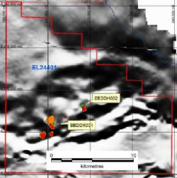 Figure 8: Bing Bong. Aeromagnetic TMI image with VTEM high relative conductivity in orange and red.