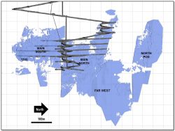 Long Section schematic, looking west, showing outline of July 2015 Hera Resource >$125NSR and existing Hera development