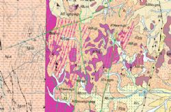 Figure 3. Pegmatite swarms located within Venus new ELA 45/4684 shown on 100k Geological Map