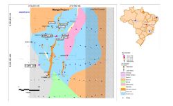 Figure 1: Geological map of the Manga zone with rock chips, soil results and drilling.