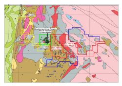 Figure 2 – Greenbushes East tenement applications areas ELA 70/4810 & 4814 (red) with prospect locations over regional geology.