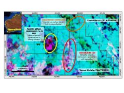 Figure 3 – Greenbushes mine site (yellow), with the Greenbushes East (red) and Northeast (orange) targets over airborne radiometrics.