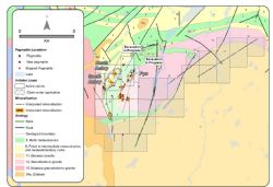 Figure 6. Seymour Lake project overview showing new pegmatite exposures, faults and dykes and the newly staked claim areas.