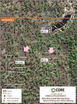 Figure 2. BP33, BP32 and BP32W Pegmatite locations showing recent drilling and previous mining, drilling and trenching work, Finniss Lithium Project, NT.