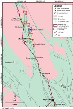 Figure 1. Location of the Chameleon gold deposit relative to Minotaur and Alt Resources tenements, and Kalgoorlie.