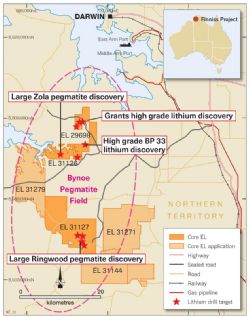 Figure 3. Core’s Finniss Lithium Project and pegmatite drill targets near Darwin, NT.
