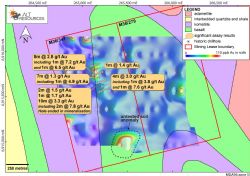 Figure 2. Geology of the Mt Roberts-Cottee Project area, showing significant results in historical drilling and the location of gold anomalism in historical soil samples. Historical soil results were gridded using a minimum curvature algorithm and cell size of 2.5m2.