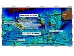 Figure 1. VMC Poona tenement areas (red) & prospect locations and mineralised trend (yellow) over regional geophysics