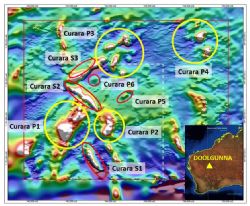 Figure 6 – Detailed magnetics image with magnetic breccia pipe targets (yellow P1-4) and additional VTEM/Magnetic targets in red