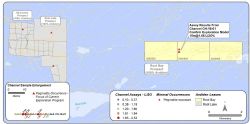Figure 9. Map showing the location of the Root Bay Pegmatite. Also included are McCombe and Root Lake pegmatites on the Root Lake lithium project. The outcropping pegmatites structures and trenches are all highlighted.