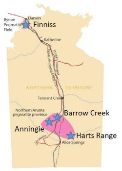 Figure 1. Core’s Lithium Projects and tin-tantalum pegmatite provinces of the Northern Territory (from NTGS Report 16 – 2004)
