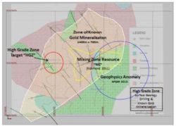 Figure 2 - High Grade Zone in relation to known mineralisation and Mixing Zone