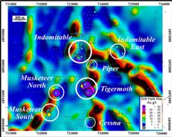 Lady Hamilton Magnetic Image showing Prospects and Max Au in Troy Drill Holes