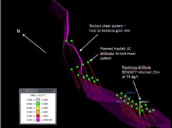 The interpreted Shylock shear system and some of the planned Havilah drillholes