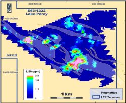 Lake Percy Project – Soil image showing strong lithium anomalism coinicident with mapped pegmatites