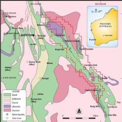 Map of the tenements at the Merolia Project near Laverton WA, with target areas highlighted.