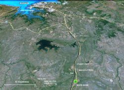 Location of White Bomb relative to Woodcutters mine, Winchester open pit, roads, rail and Darwin.
