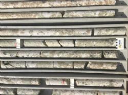 Figure 7. Light green spodumene crystals hosted by lighter coloured quartz and feldspar, 95.2m – 103.1m FRDD001 (HQ), BP33 Prospect, Finniss Lithium Project NT.