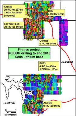 Figure 2. RC and Diamond drilling overlain on lithium in soils, Finniss Project, NT