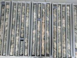 Figure 3. Large green spodumene crystals making up a high proportion of pegmatite volume hosted by lighter coloured quartz and feldspar (albite). 73.8m – 87.1m FRDD003 (HQ) Grants Prospect, Finniss Lithium Project, NT.