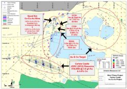 Carlow Castle Project area with location of the Quod Est Cobalt mine and Carlow Castle gold/copper resource.