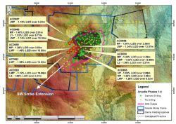 Plan showing location of additional drill results in relation to The Conceptual Pit design