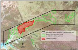Current resource area (red) compared to known mineralised region (green) (From TOE:ASX 3/3/2009)