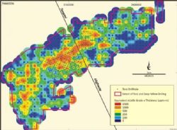 Grade x Thickness (“GT”) eU3O8 plot for Napperby Resource area