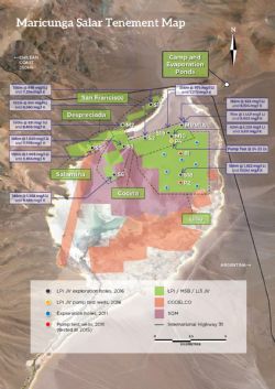 Figure 1: Maricunga lithium brine project tenements - with location results of exploration drill holes