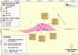 Mapped geology at Lone Ranger, with significant rock chip assays, and 90th Percentile soil results from portable XRF analysis.