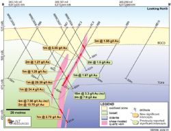 Cross-section showing significant mineralisation in Alt Resources drillholes MRRC0006, 0007, 0008 and 0009.