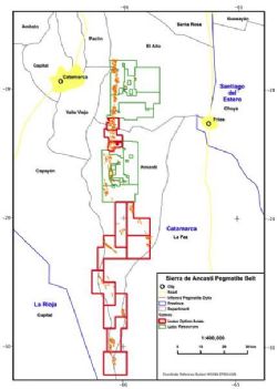 Leases under option (red) over pegmatites with leases held by Latin Resources (green) and the trend of the pegmatites over 150km in Catamarca province, NW Argentina