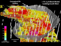 3D View of high grade (>1% Li2O) Mineral Resource block model