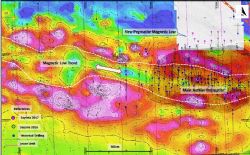 Magnetic geophysical image and the main Authier pegmatite orebody extensively drilled on the right hand side of the page