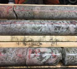 diamond core AL-17-005 showing coarse grain spodumene crystals at 229 to 232 metres depth